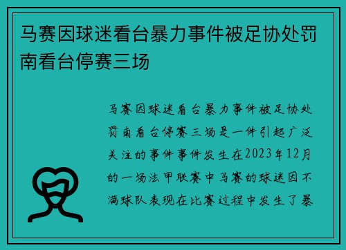 马赛因球迷看台暴力事件被足协处罚南看台停赛三场 马赛因球迷看台暴力事件被足协处罚南看台停赛三场